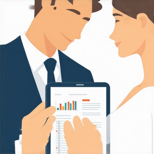 Couple reviewing detailed wedding catering invoices with analytical software visualization.