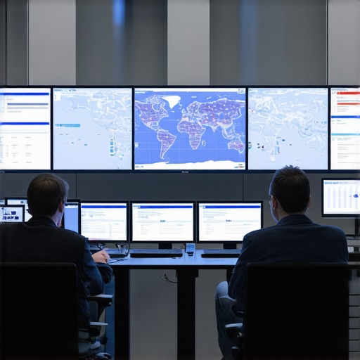 A control room with multiple screens showing delivery routes and logistics data
