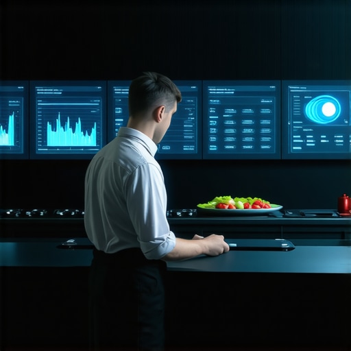 A modern kitchen with a digital screen displaying analytics and predictive models for delivery processes.