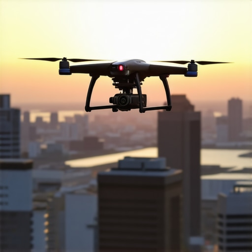 A sleek drone transporting catering packages to a high-rise rooftop during sunset.