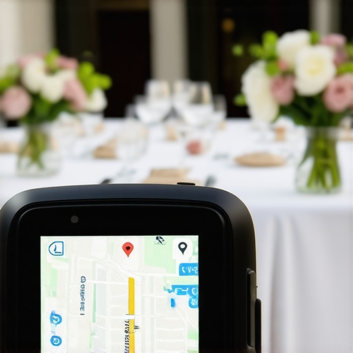 GPS device showing route to wedding venue with delivery truck in background