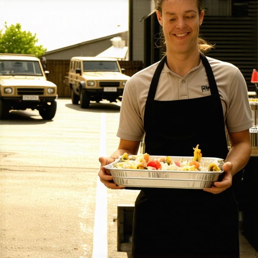 Advanced Outdoor Catering Logistics Delivery vehicle navigating rugged terrain with climate-controlled containers for an outdoor event.