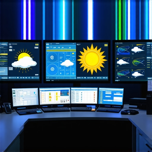 Advanced Outdoor Wedding Delivery Control Center Control room with screens showing weather, GPS tracking, and temperature data for outdoor wedding logistics.