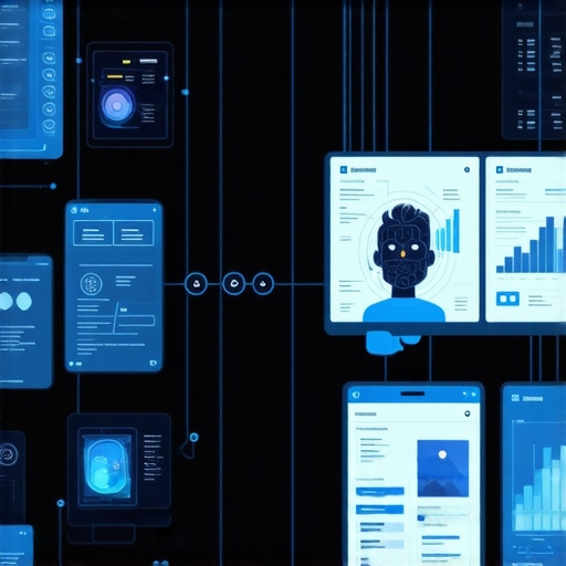 Digital screens showing AI and blockchain vetting processes for staff screening.