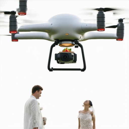 A drone delivering gourmet food at a wedding venue, illustrating cutting-edge logistics.