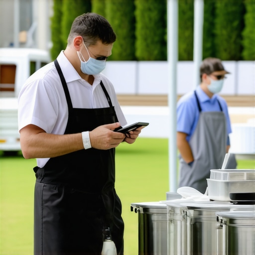 Catering staff using temperature controls and GPS tracking at outdoor wedding