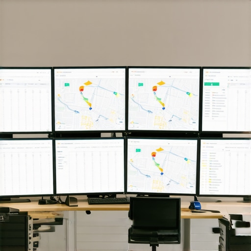 Advanced Wedding Delivery Monitoring System A control room with digital screens tracking wedding delivery routes and statuses.