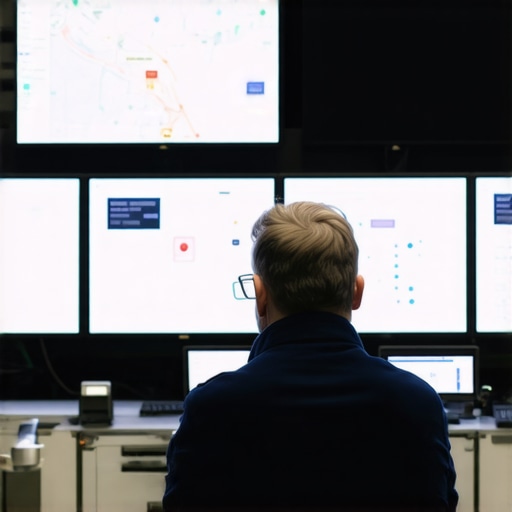 A futuristic logistics control room with digital screens showing delivery paths and status updates.