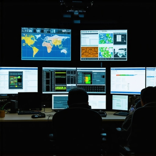 A modern control room with screens displaying delivery data, environmental conditions, and staff communication interfaces.