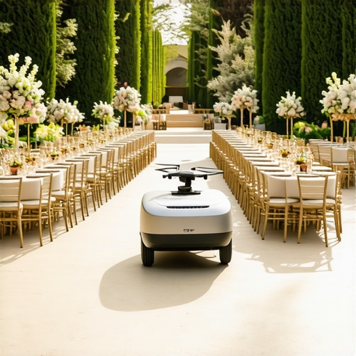 Drones and autonomous delivery carts working together in a luxurious outdoor wedding setting.