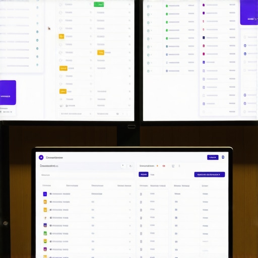 Advanced Wedding Service Coordination A control room with monitors showing guest profiles, real-time updates, and AI scheduling interfaces at an upscale wedding event