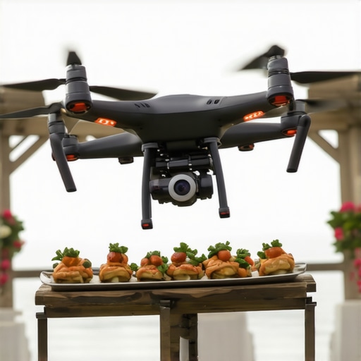 Drone delivering gourmet dishes during an outdoor wedding