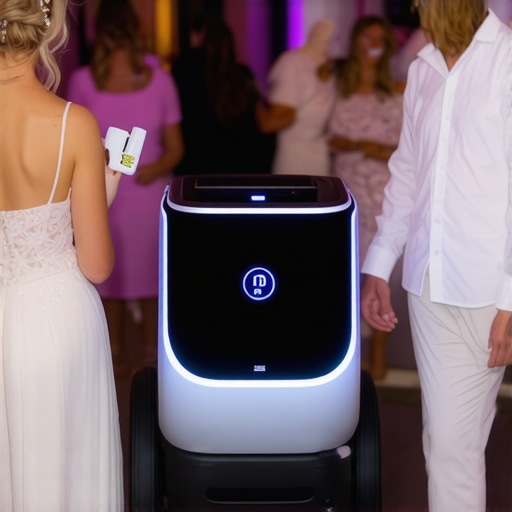 A futuristic delivery robot transferring gourmet food at an outdoor wedding