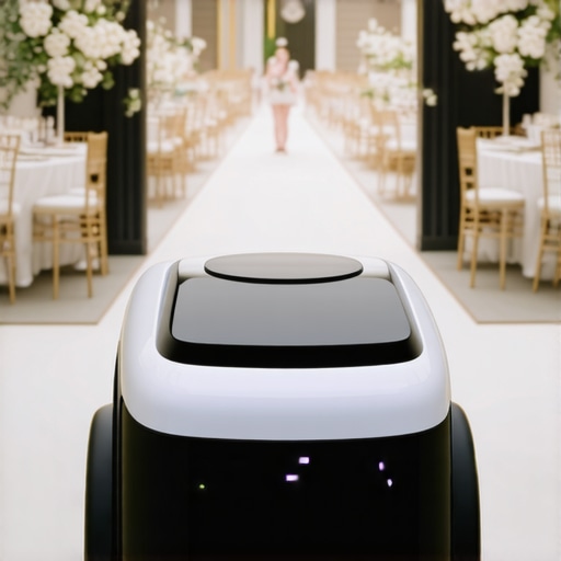 Service robot delivering items inside a wedding venue, demonstrating high-tech logistics.