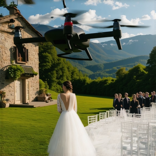 Futuristic drone delivering catering items at a wedding venue