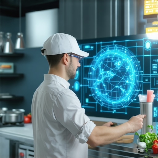 A digital interface displaying blockchain-based ingredient transparency in a professional kitchen