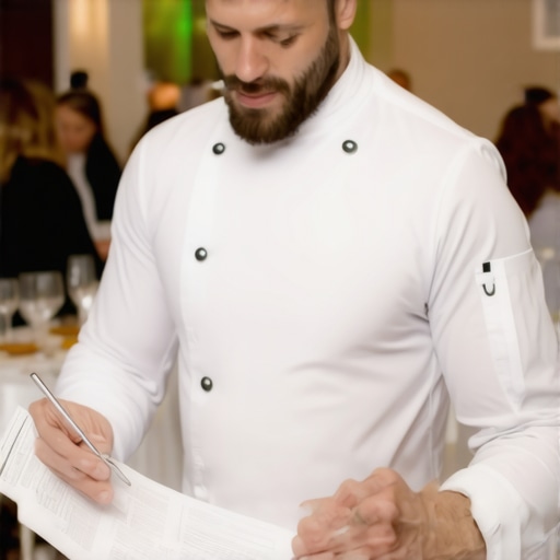 Private chef consulting with legal advisors over insurance policies at an upscale event.