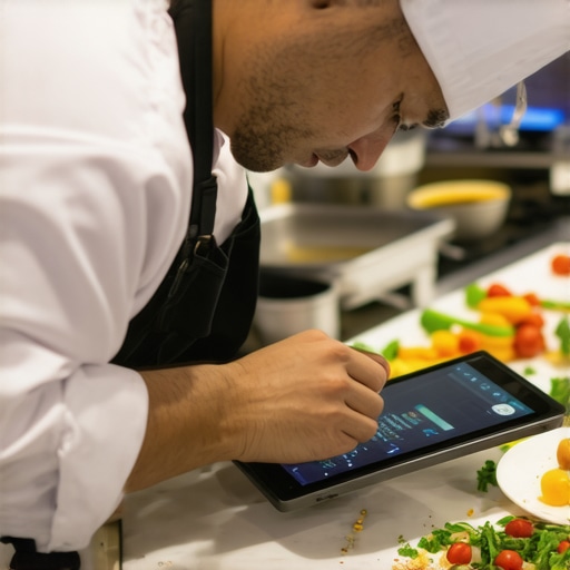 Chef monitoring real-time cooking data for wedding meal prep Private chef with tablet analyzing real-time data during wedding catering