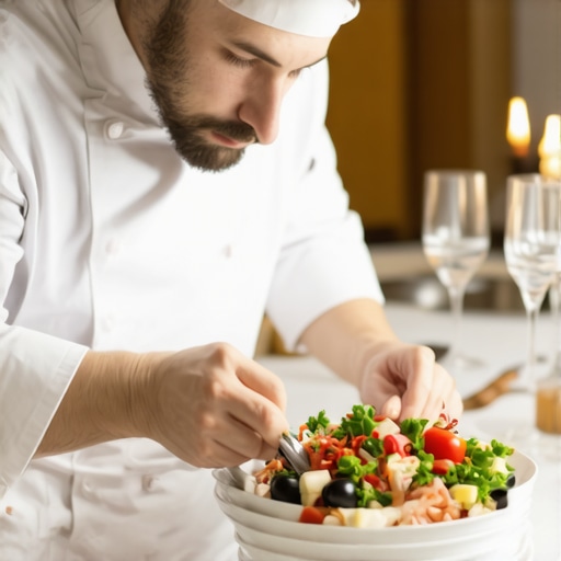 Private chef preparing wedding cuisine in upscale kitchen.