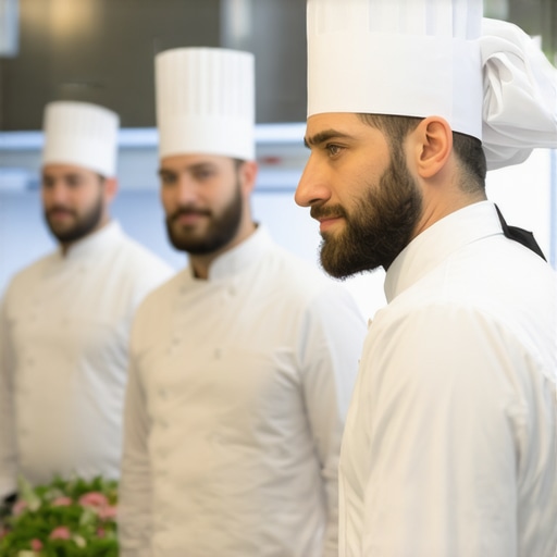 Chef guiding team in elegant wedding kitchen, demonstrating leadership and teamwork.