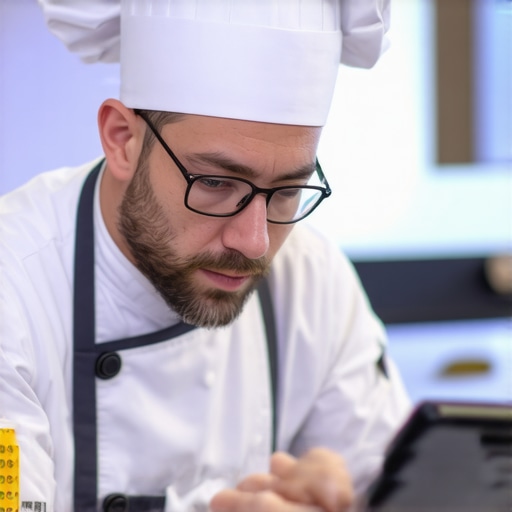 Culinary invoice analysis with digital tools Chef reviewing invoices and ingredient price charts on tablet and laptop.