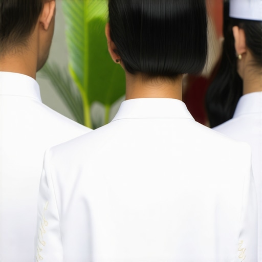 Wedding servers dressed in culturally inspired, elegant uniforms with luxury accessories in a wedding setting.