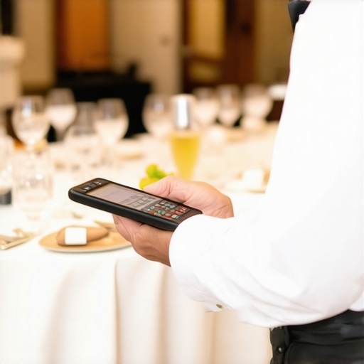 Server using translation device at a sophisticated event with diverse guests
