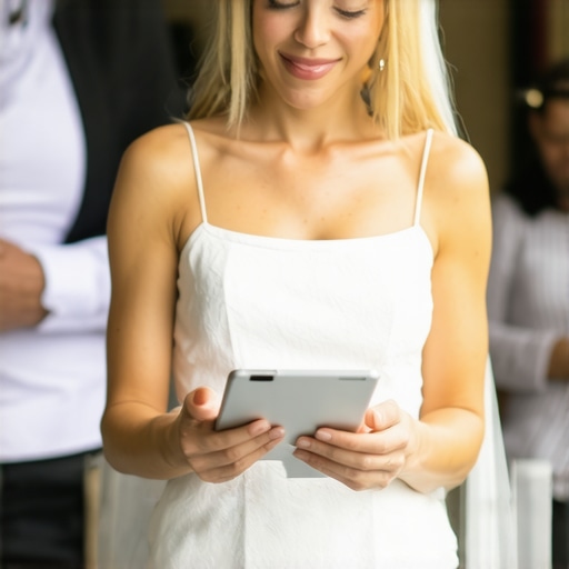 Catering staff coordinating with digital devices during a wedding reception.