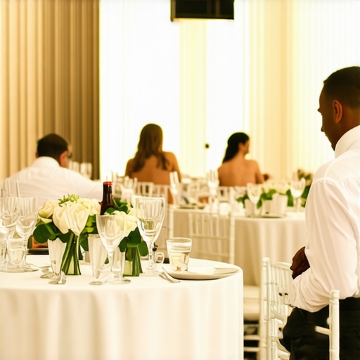 Wedding servers attentively serving guests in a luxurious setting with visible oversight.