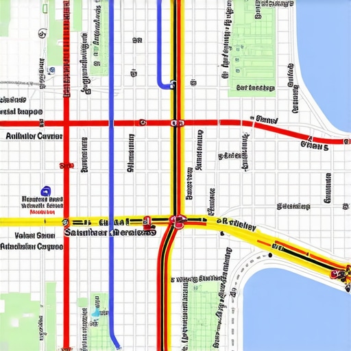 Dynamic Urban Routing in Action City map showing real-time adaptable delivery routes amidst urban traffic congestion