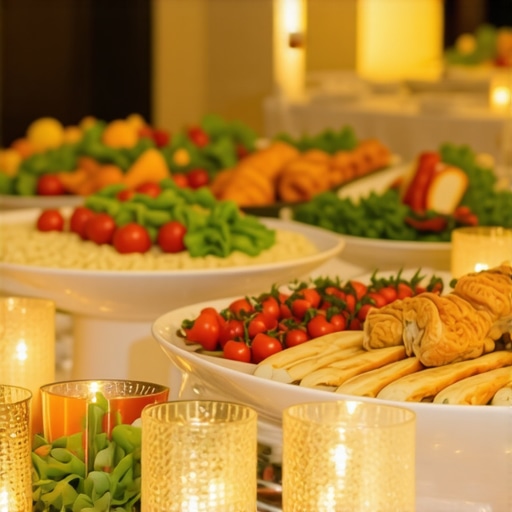 Wedding buffet with sustainable serveware and decorative food stations.