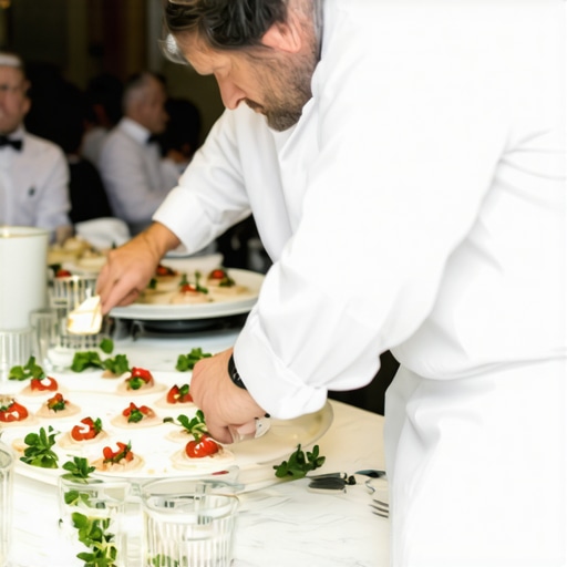 Elegant wedding reception with professional staff Wedding staff serving gourmet dishes at an elegant reception