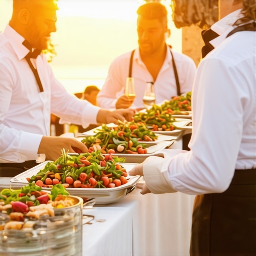 Catering professionals coordinating luxury wedding delivery in elegant venue