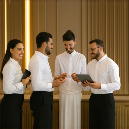 A team of servers using tablets and communication devices during a wedding celebration
