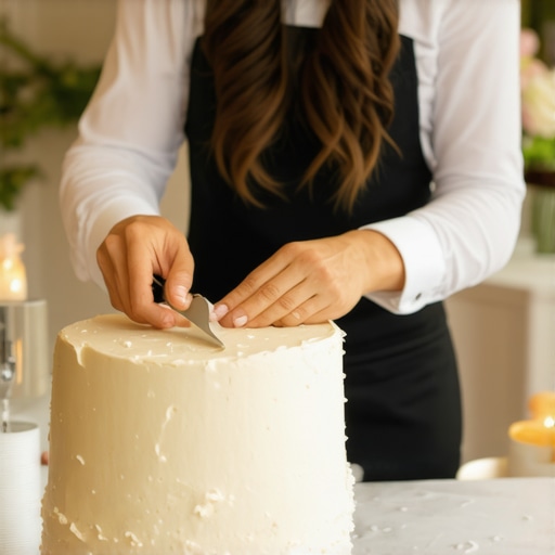 A skilled cake artisan slicing a wedding cake during an upscale ceremony.