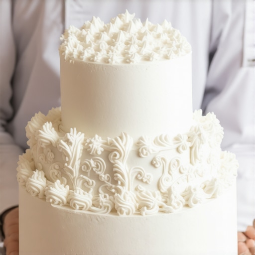 Professional pastry chef assembling a decorated wedding cake with precision.