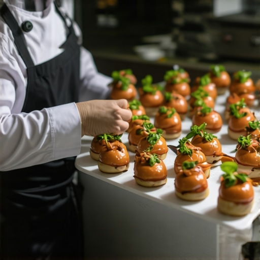 Expert Private Chef at Work Private chef meticulously plating wedding cuisine in a professional kitchen