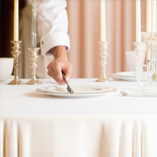 Server meticulously setting personalized tableware for an upscale wedding reception