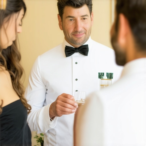 A professional server attentively serving guests at a sophisticated wedding reception.