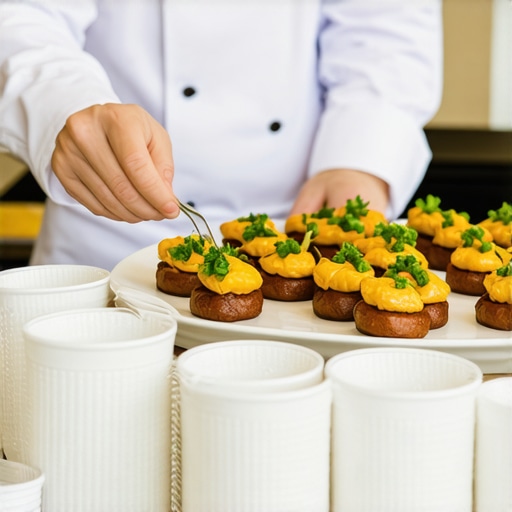 Expert private chef preparing wedding appetizers Private chef plating gourmet wedding appetizers in elegant setting with delivery setup.