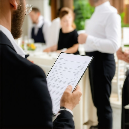 Insurance agent analyzing digital documents with wedding catering team