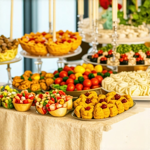 A beautifully arranged wedding buffet with colorful dishes and floral decorations