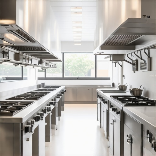 A contemporary wedding catering kitchen showing modular workstations and natural light enhancement