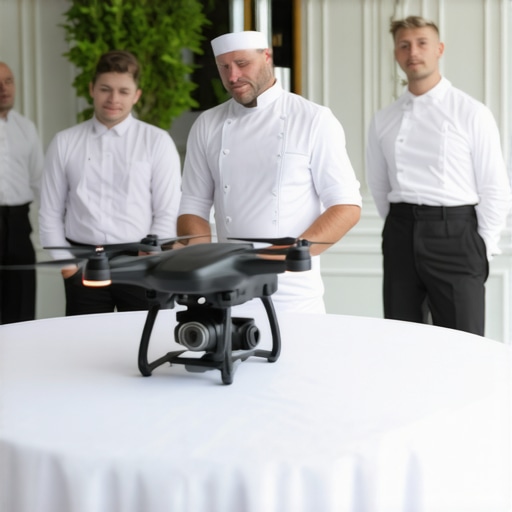 Future of Wedding Catering Logistics Team of wedding caterers using high-tech devices and delivery drones at a lavish wedding