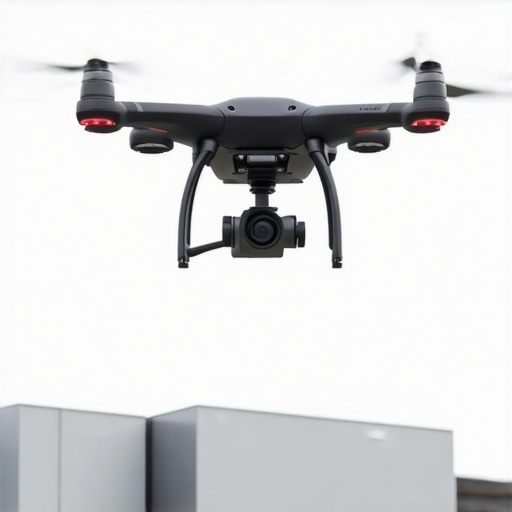 Drone delivering lunch to a corporate employee outside an office building.