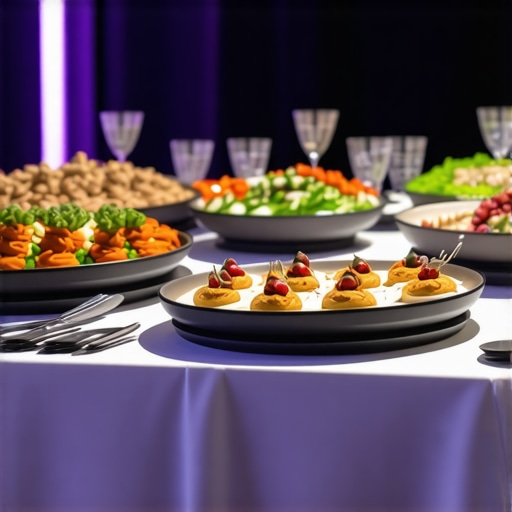 Wedding catering scene with advanced technological equipment and interactive displays.