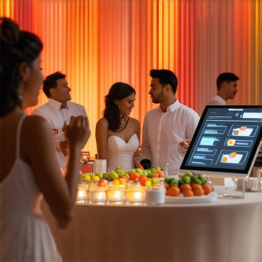 Futuristic Wedding Catering with Augmented Reality and Sensory Experiences Wedding reception showcasing AR menus and multisensory food presentation.
