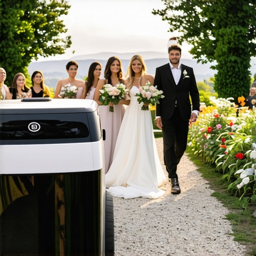 Futuristic Wedding Delivery Robots Autonomous robots delivering catering at an upscale outdoor wedding