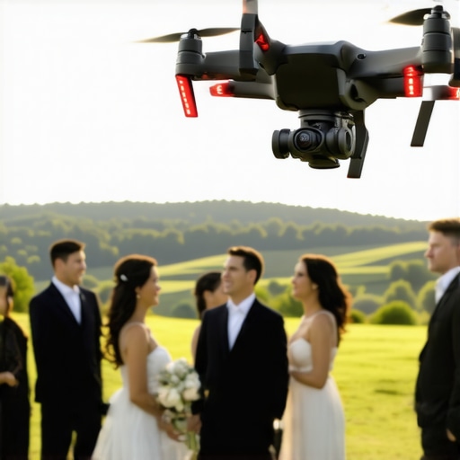 Drone delivering wedding food in an outdoor setting with scenic background