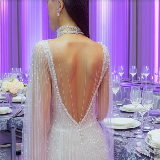 A wedding scene with guests using AR glasses to view interactive dish presentations, assisted by discreet servers.